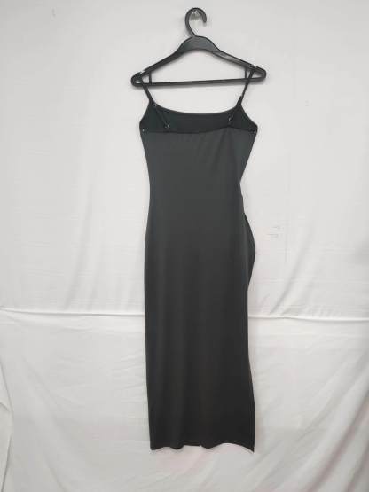 Woman's Gray Spaghetti Strap Ruched Side Slit Midi Dress-Aegean-sea