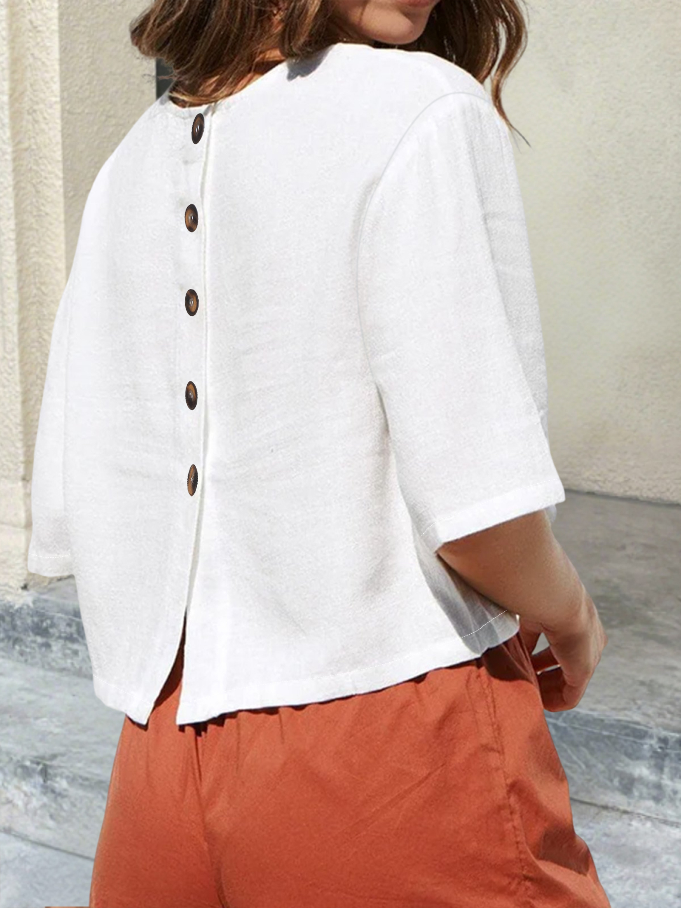 Woman's White Linen Short Sleeve Top with Back Button Detail-Aegean-sea