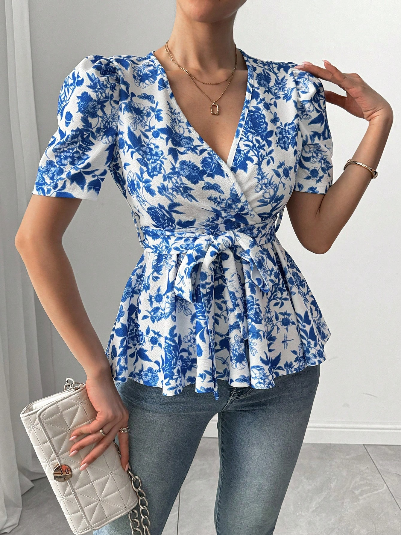 Women's Blue Floral Print Wrap Blouse - V-Neck Puff Sleeve Belted Peplum Top