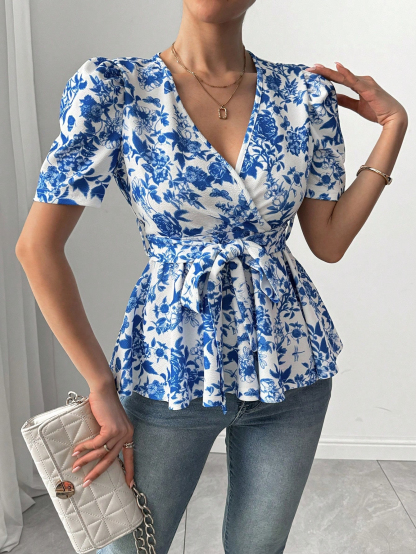 Women's Blue Floral Print Wrap Blouse - V-Neck Puff Sleeve Belted Peplum Top