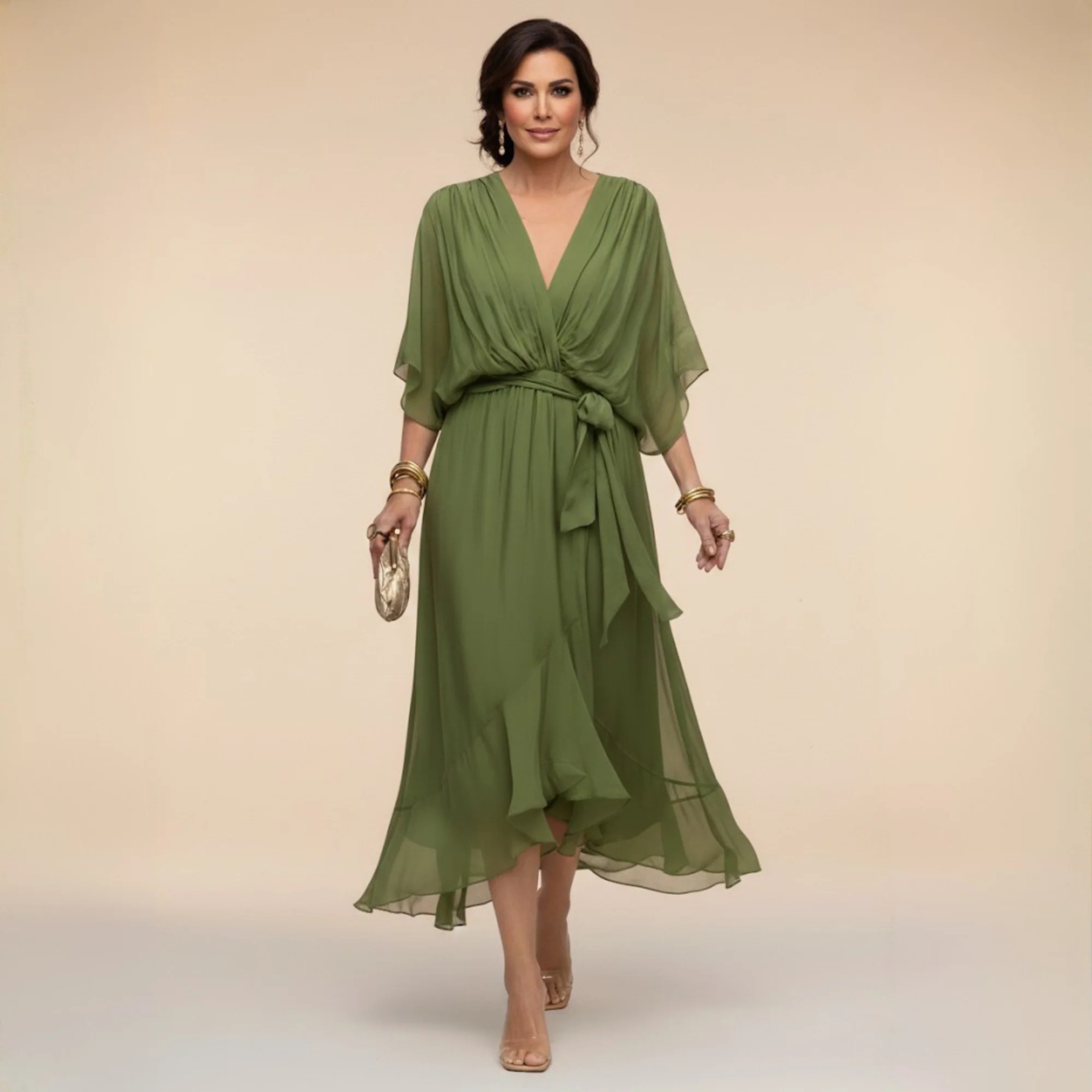 Women's Elegant V Neck Batwing Sleeve Tie Waist Ruffle Hem Sheer Chiffon Formal Midi Dress