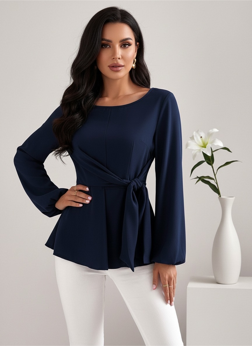 Camiseta de peplum de manga larga para mujer con cuello redondo, cintura de lazo y puños acampanados-Aegean-sea