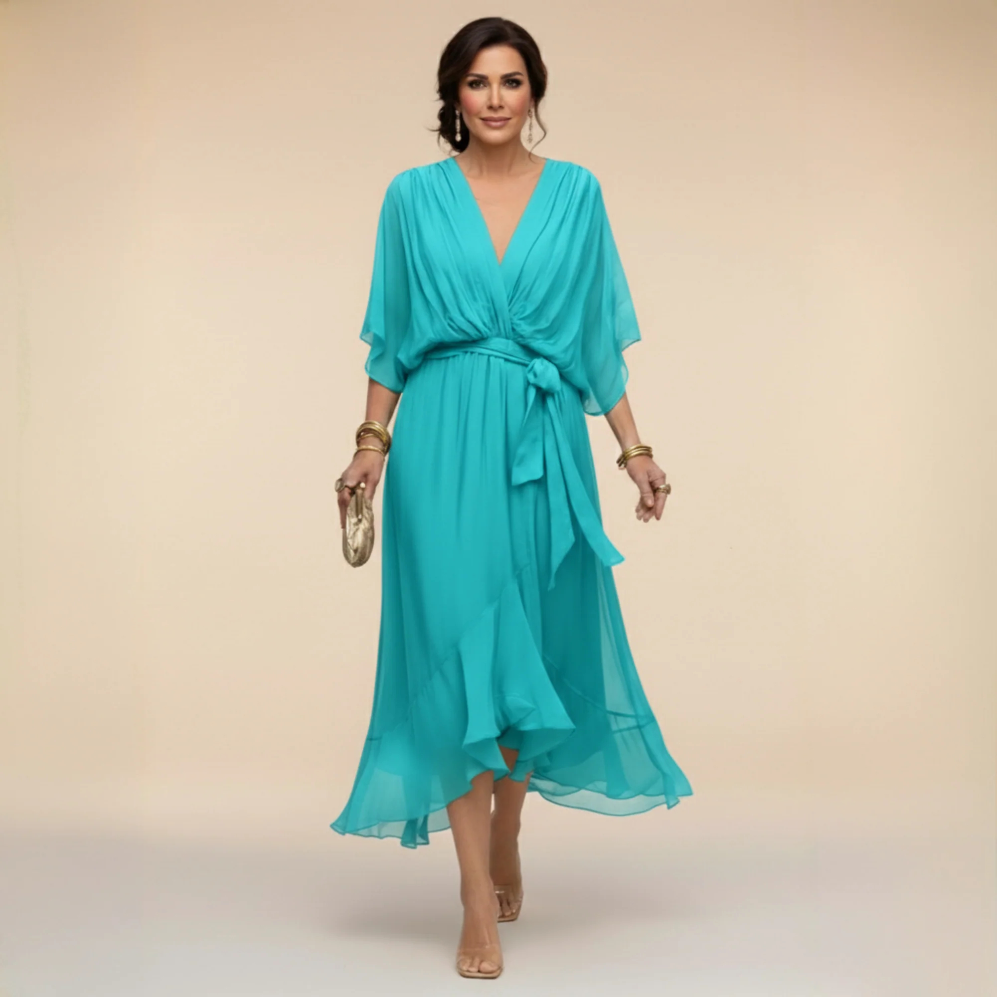 Women's Elegant V Neck Batwing Sleeve Tie Waist Ruffle Hem Sheer Chiffon Formal Midi Dress