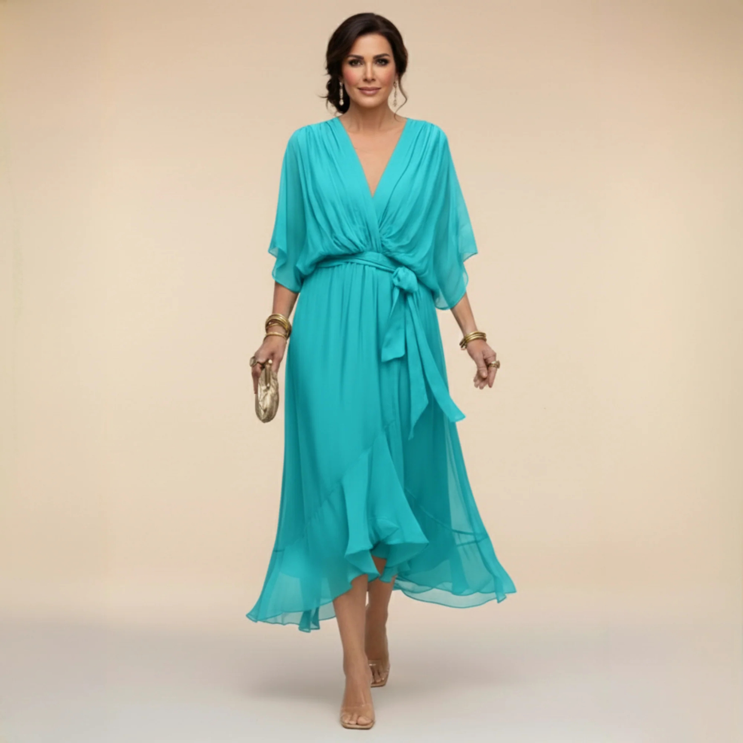 Women's Elegant V Neck Batwing Sleeve Tie Waist Ruffle Hem Sheer Chiffon Formal Midi Dress