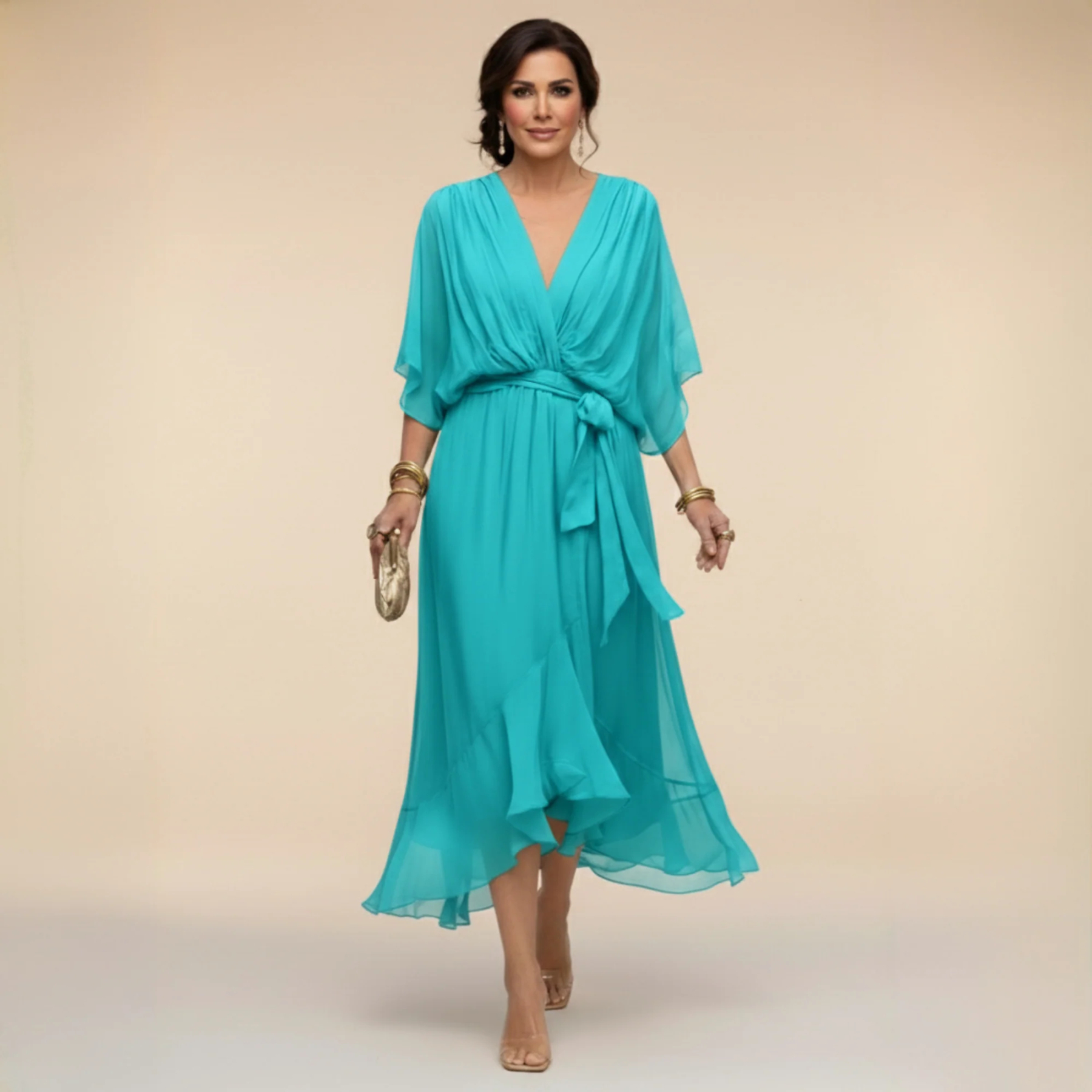 Women's Elegant V Neck Batwing Sleeve Tie Waist Ruffle Hem Sheer Chiffon Formal Midi Dress