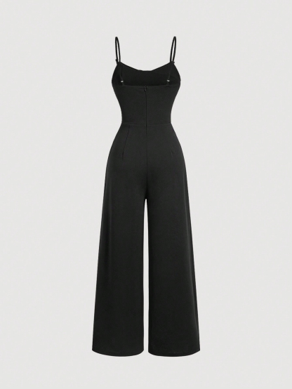 Women's Black Cowl Neck Lace-Insert Wide-Leg Jumpsuit-Aegean-sea