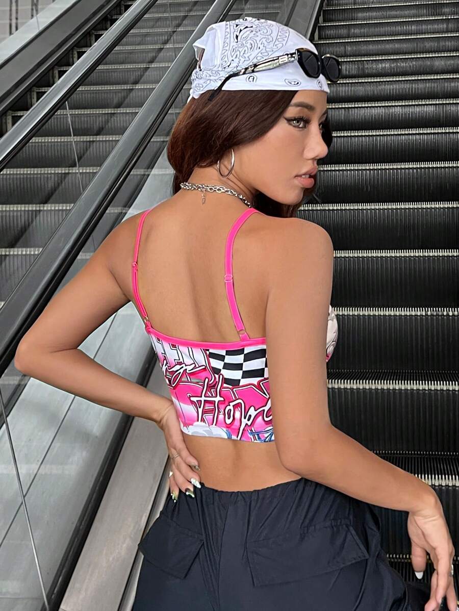 Women's Pink Trim Racing Car Print Cami Crop Top-Aegean-sea