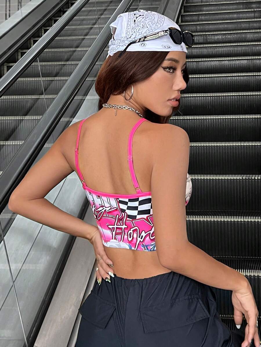 Women's Pink Trim Racing Car Print Cami Crop Top-Aegean-sea