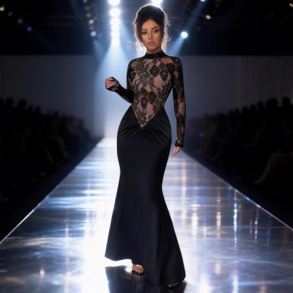 Woman's Black Mock Neck Sheer Lace Long Sleeve Ruched Mermaid Dress