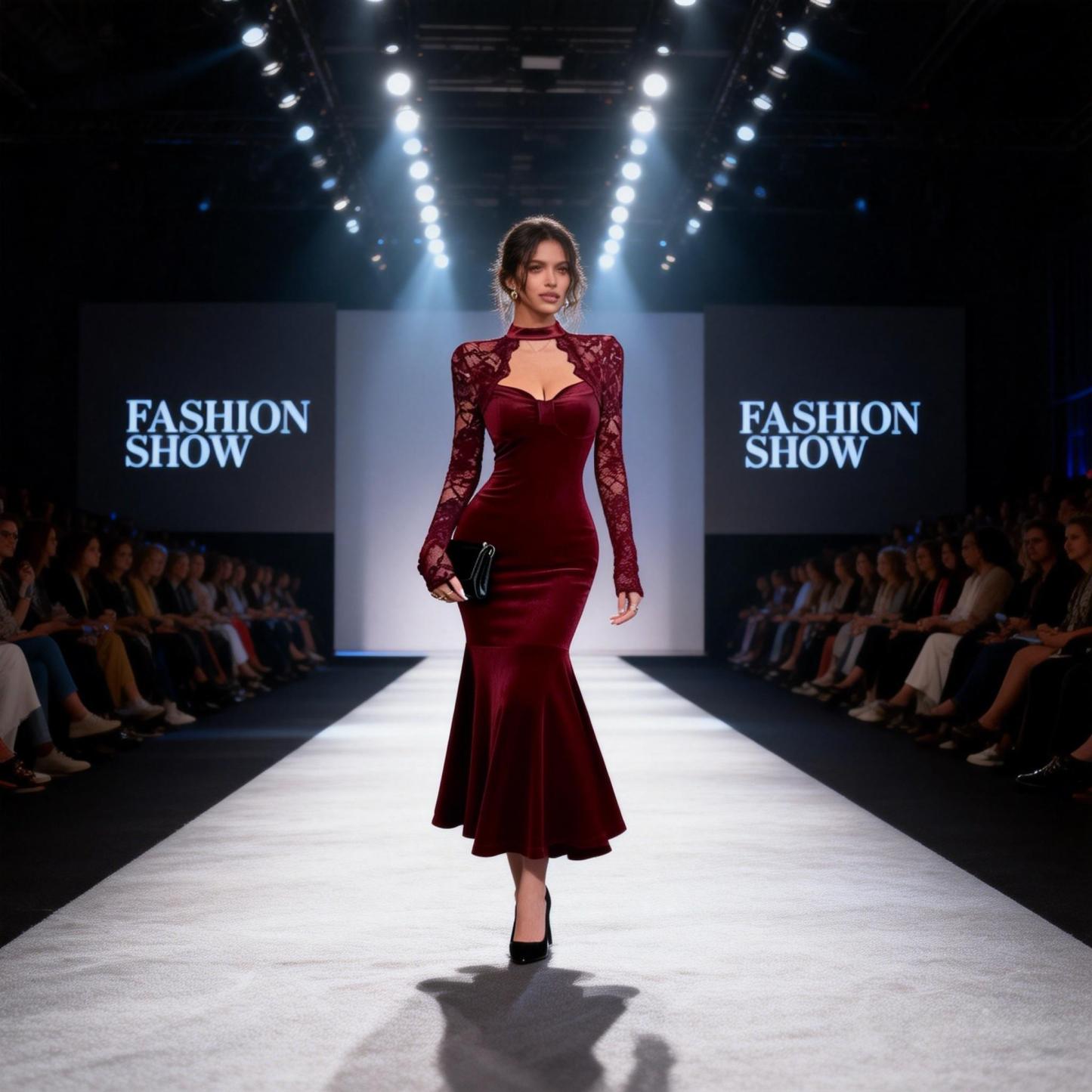 Woman's Burgundy Velvet Lace Long Sleeve Halter Sweetheart Mermaid Dress