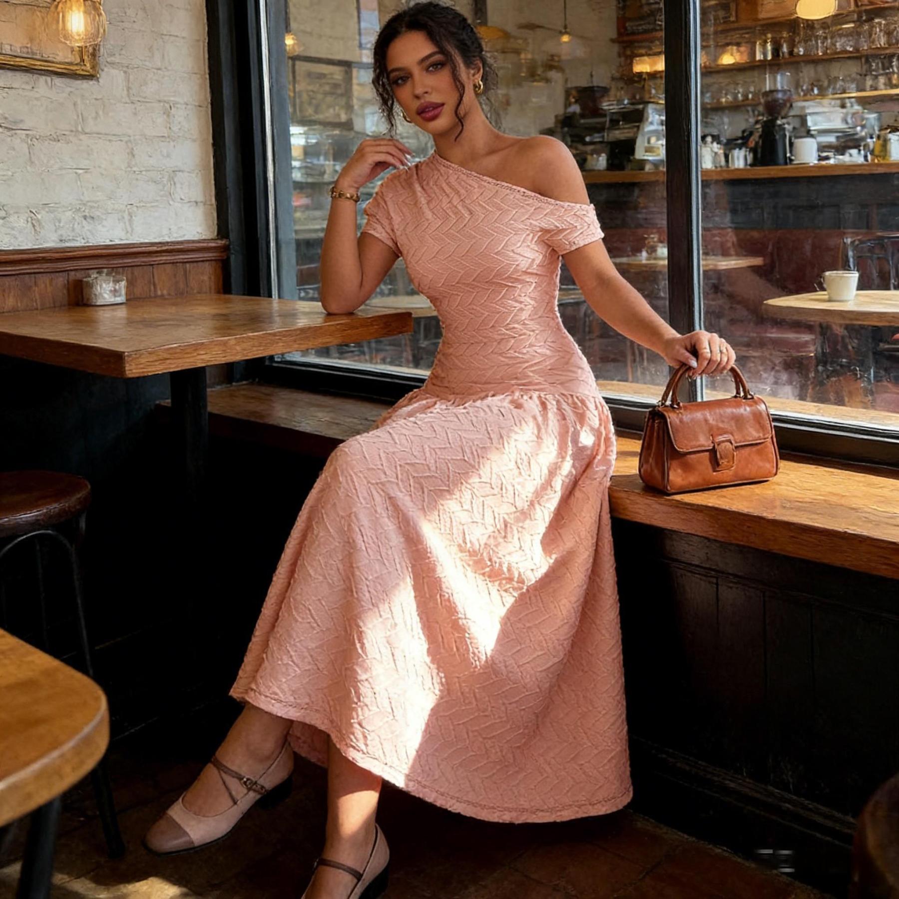 Pink slant-shouldered pressed women‘s dress Slim-waisted full-length skirt Date party vibe elegant holiday dress