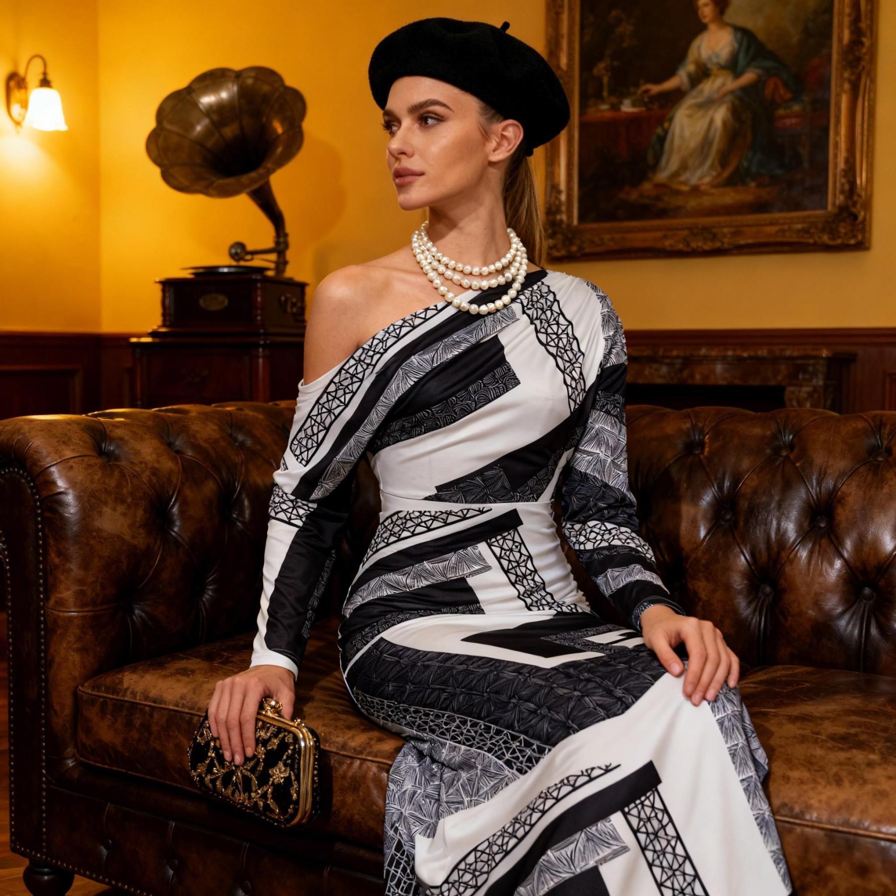 Black-and-white geometric-patterned slouch-shouldered women‘s dress Long-sleeved, body-fitting, hip-length skirt