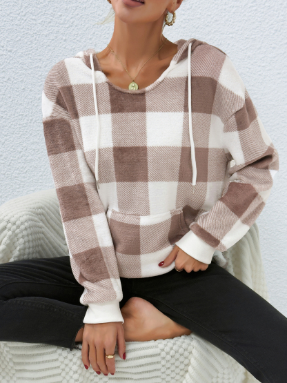 Woman's Soft Neutral Block-Patterned Oversized Hoodie with Kangaroo Pocket-Aegean-sea