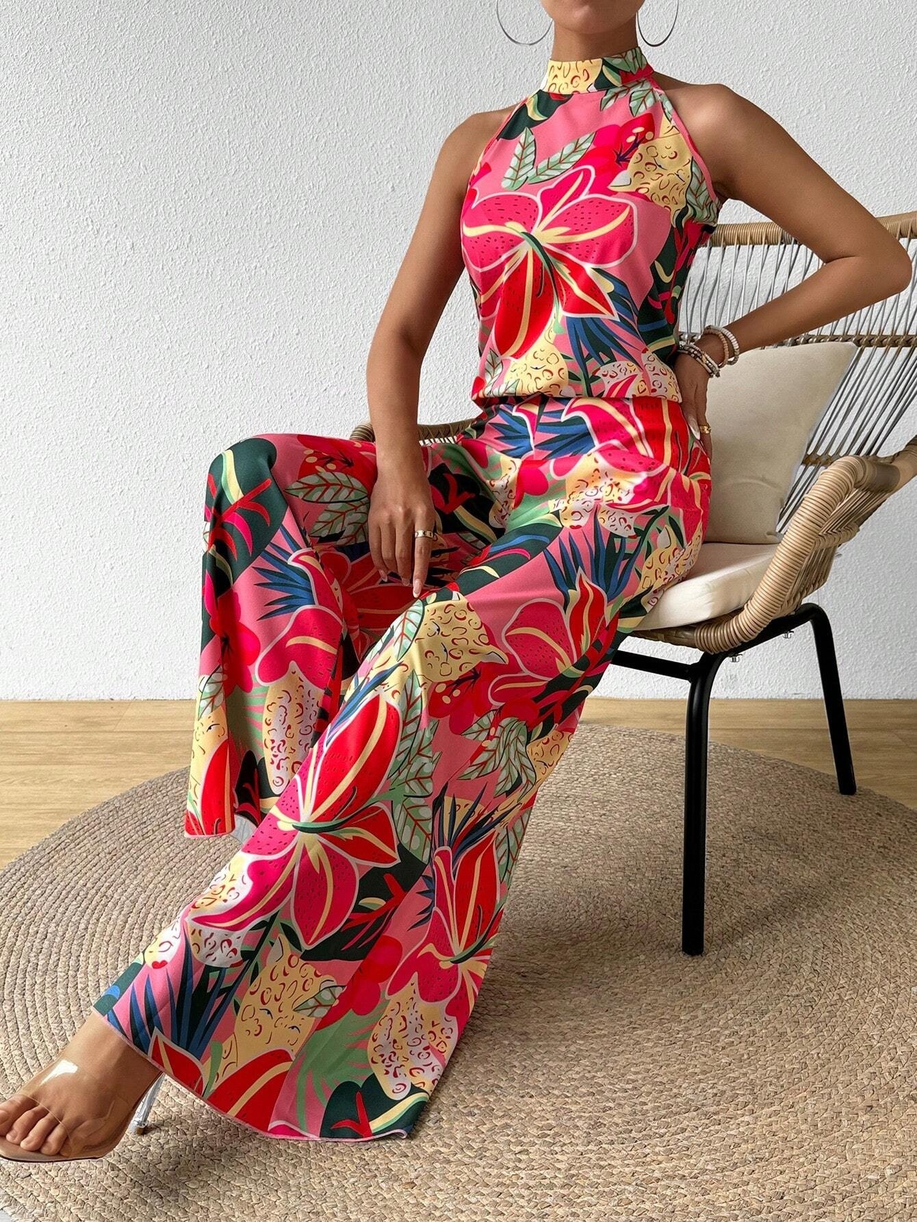 Pink Tropical Flower Neckholder Set, Holiday Wide Legs 2-piece Set
