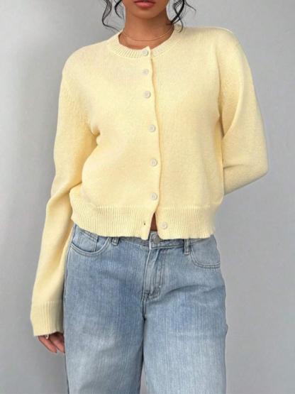 Stylish Cropped Knit Cardigan - Button-Front Casual Women's Top-Aegean-sea