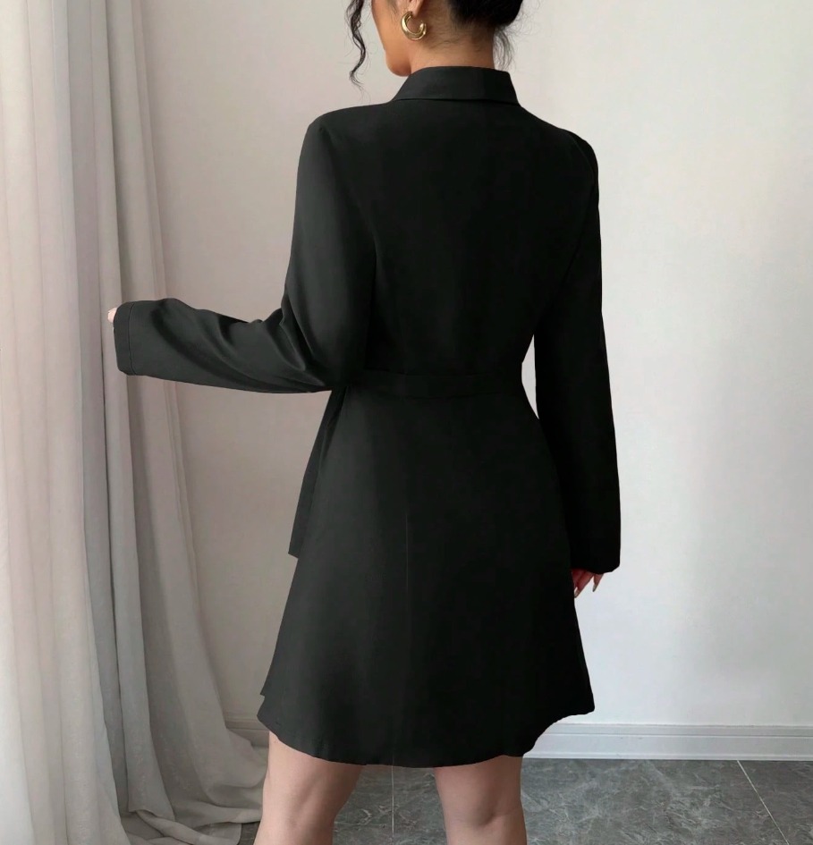 Black Wrap Waist Blazer Dress with Long Sleeves