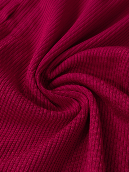 Woman's Red Fitted Rib-Knit Hooded Cropped Zip-Up Jacket | Hot Girl Waist-Baring Casual Cardigan-Aegean-sea