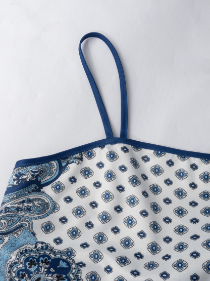 Flowery sling-back square scarf top wide-legged pants suit, bohemian holiday style two-piece suit