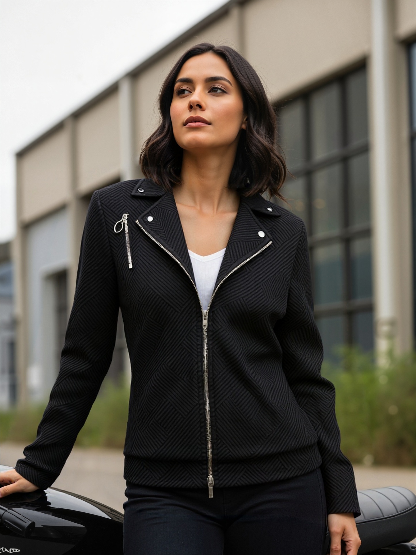 Chaqueta de motociclista texturizada negra con cremalleras metálicas y detalles angulosos-Aegean-sea