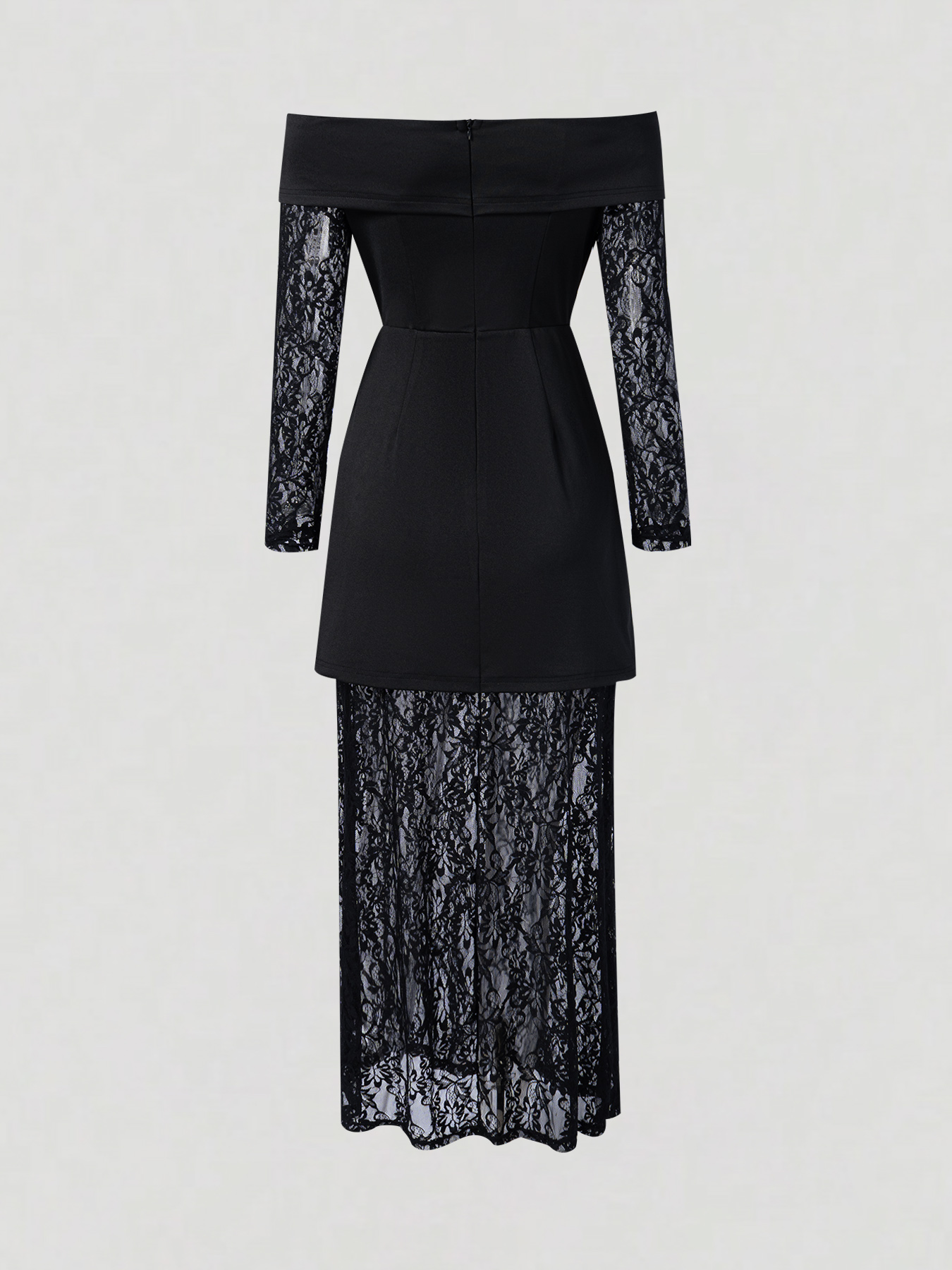 Black off-the-shoulder lace patchwork dress with long sleeves and two faux see-through dresses-Aegean-sea