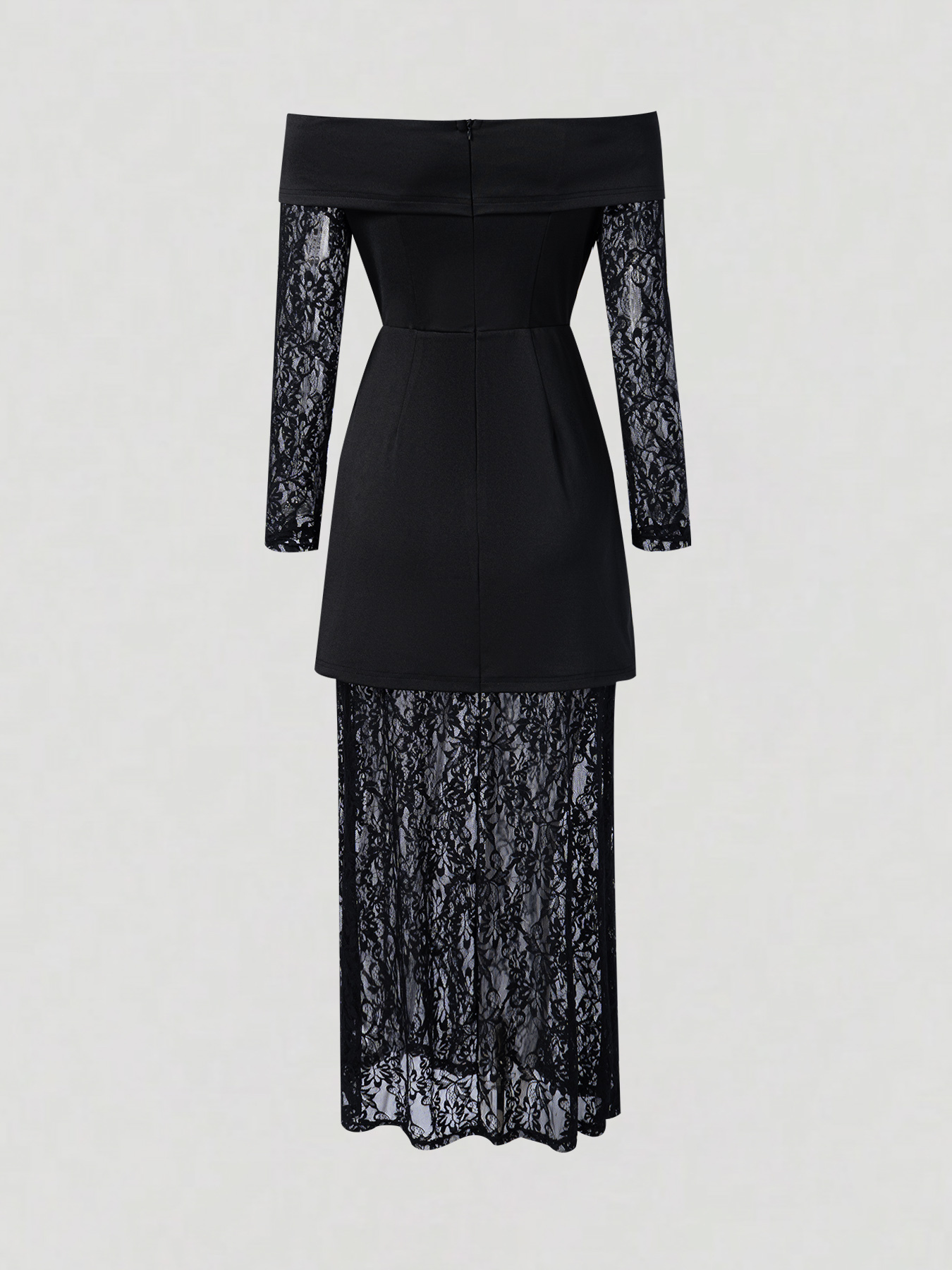 Black off-the-shoulder lace patchwork dress with long sleeves and two faux see-through dresses-Aegean-sea