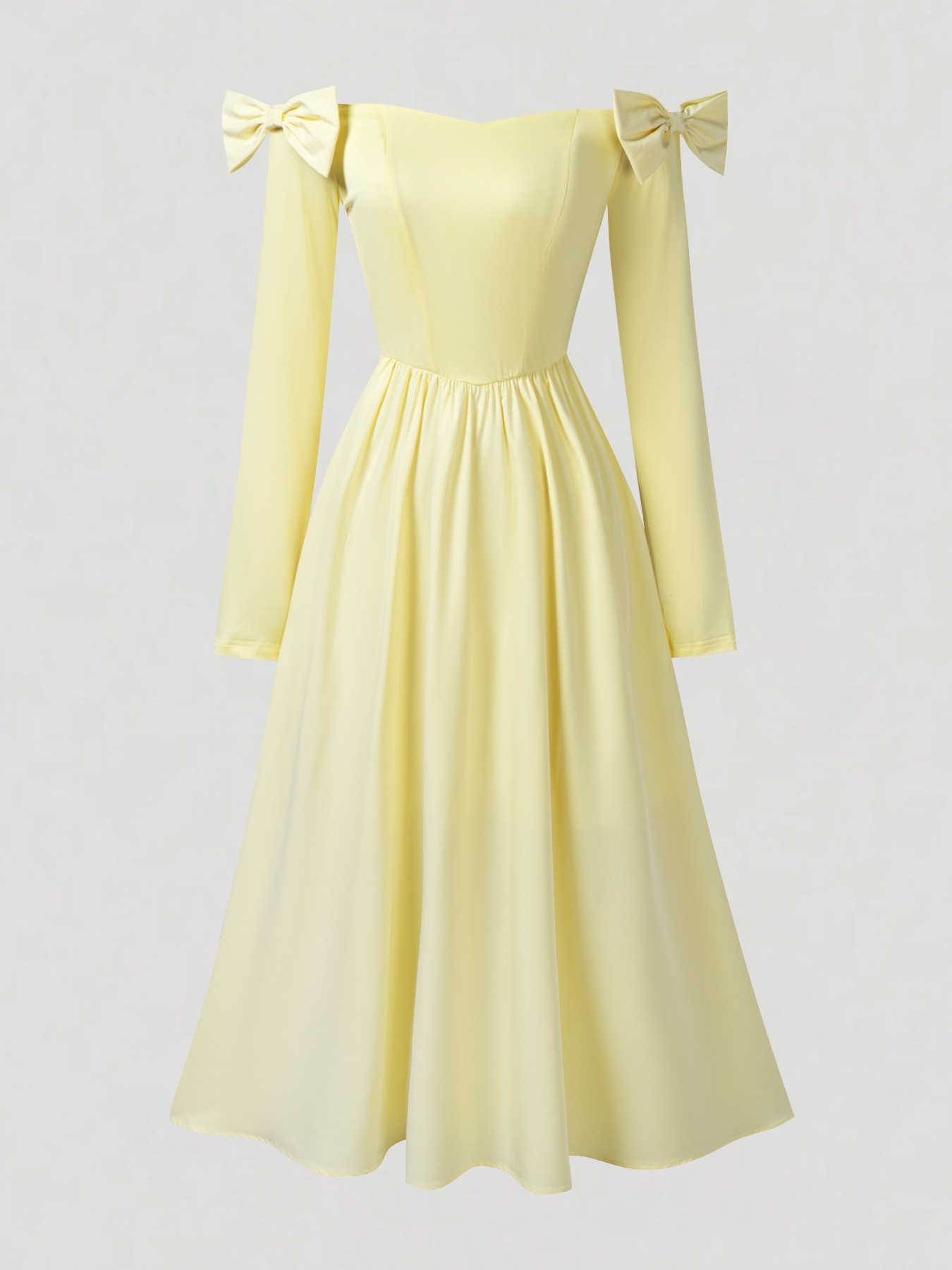Yellow single-shoulder butterfly-tied dress Long-sleeved, waist-length, wide-waisted dress