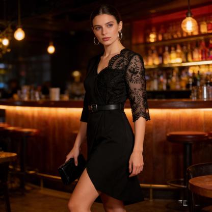 Black lace-stitched suit dress Cut-waisted split skirt Hot girl-style work-to-work party dress