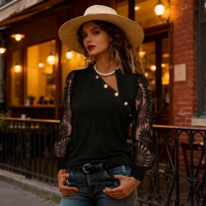 Black Lace Mounted Metal Button Women‘s Blouse Long-Sleeve V-Collared Cross-Fit Chiffon Shirt
