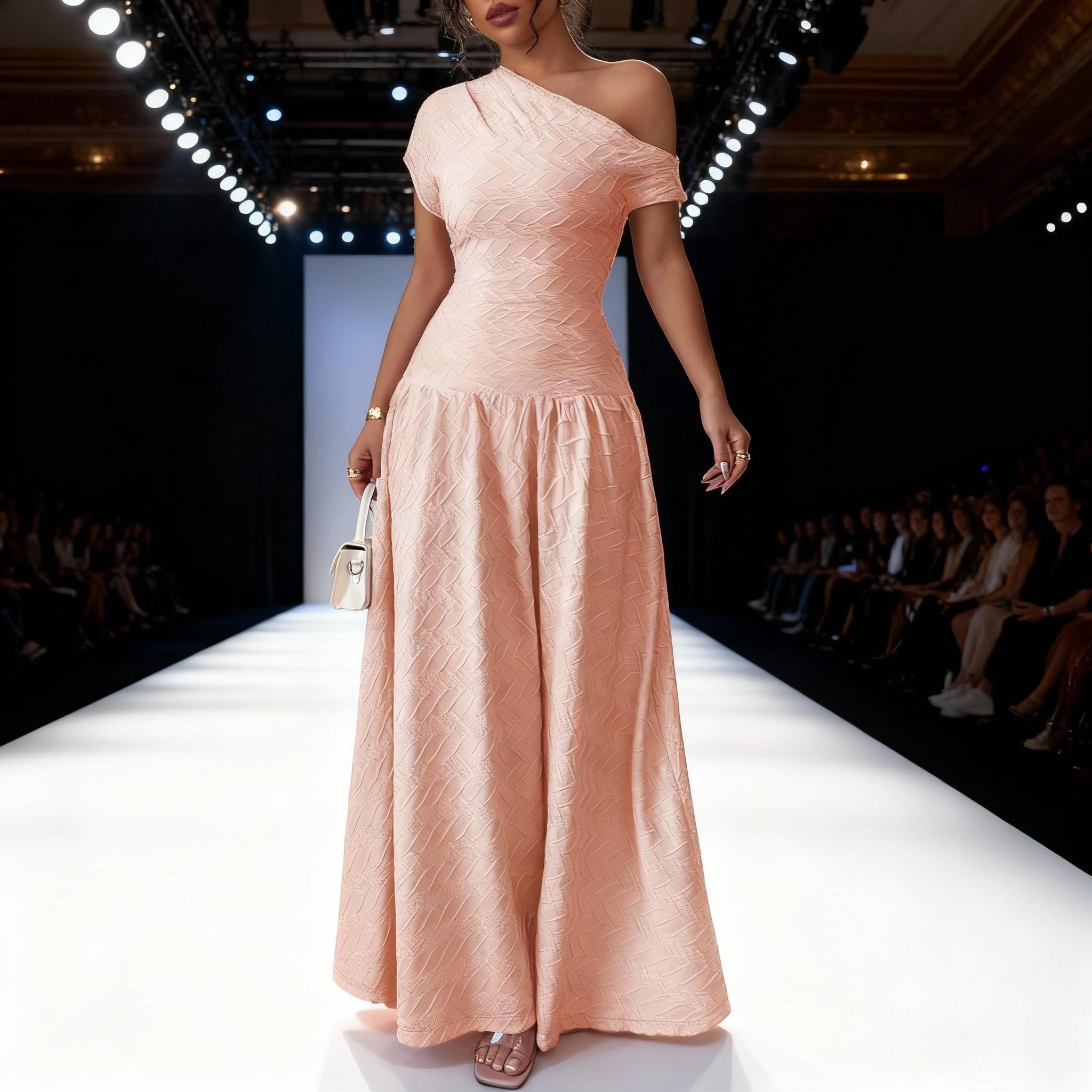 Pink slant-shouldered pressed women‘s dress Slim-waisted full-length skirt Date party vibe elegant holiday dress