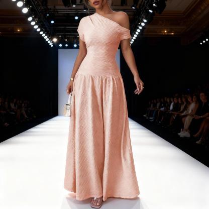 Pink slant-shouldered pressed women‘s dress Slim-waisted full-length skirt Date party vibe elegant holiday dress