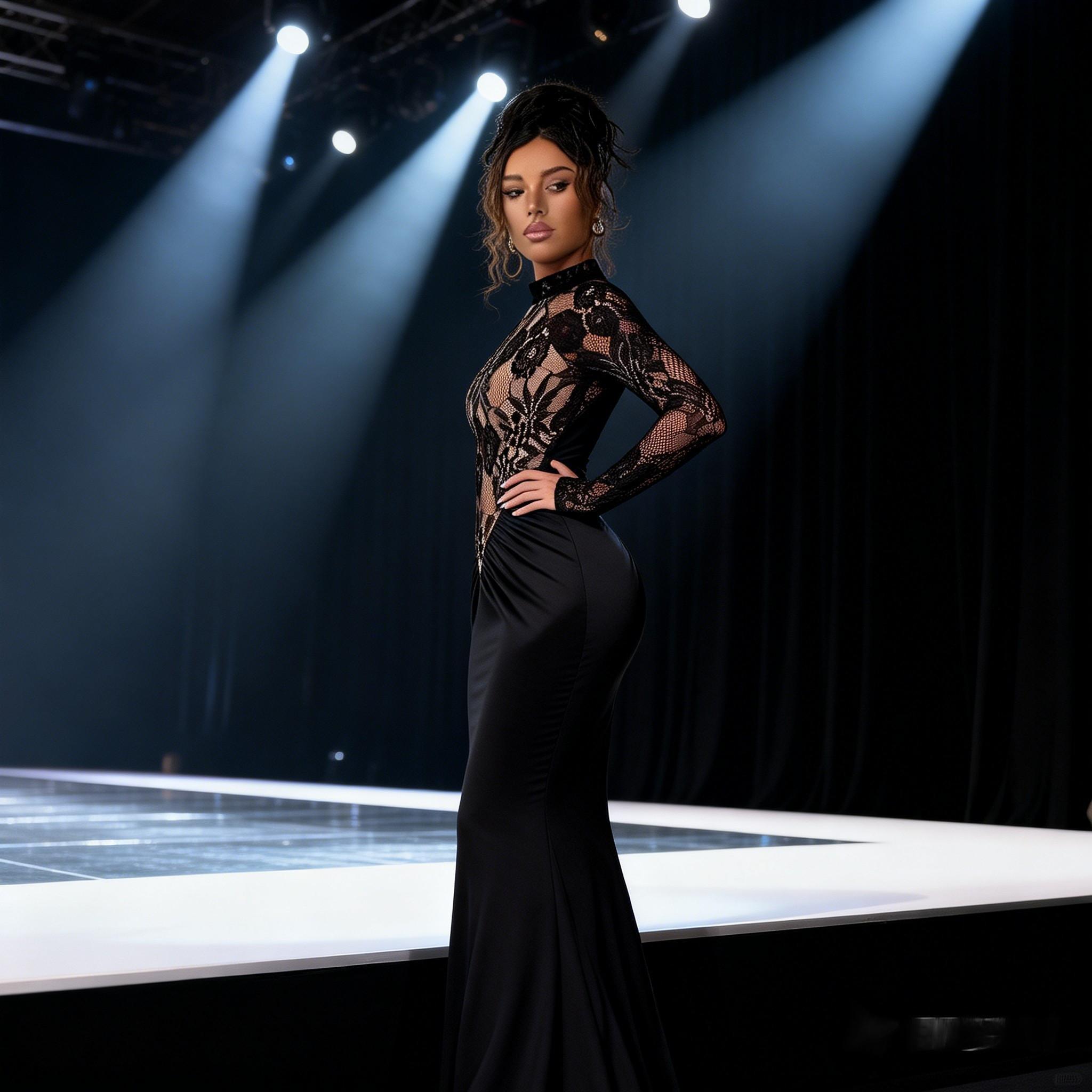 Woman's Black Mock Neck Sheer Lace Long Sleeve Ruched Mermaid Dress