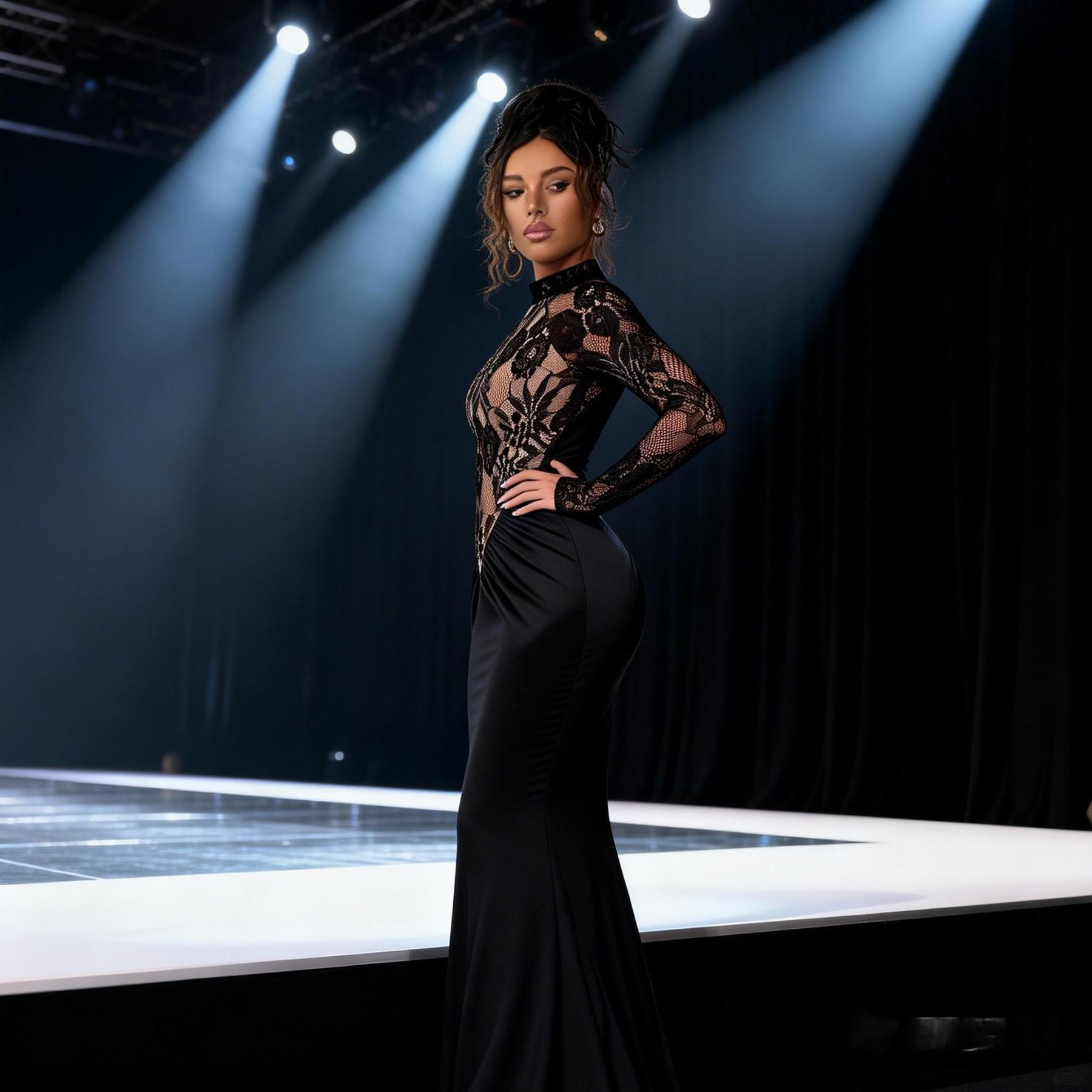 Woman's Black Mock Neck Sheer Lace Long Sleeve Ruched Mermaid Dress