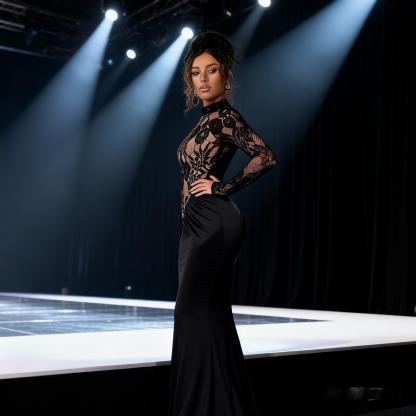 Woman's Black Mock Neck Sheer Lace Long Sleeve Ruched Mermaid Dress