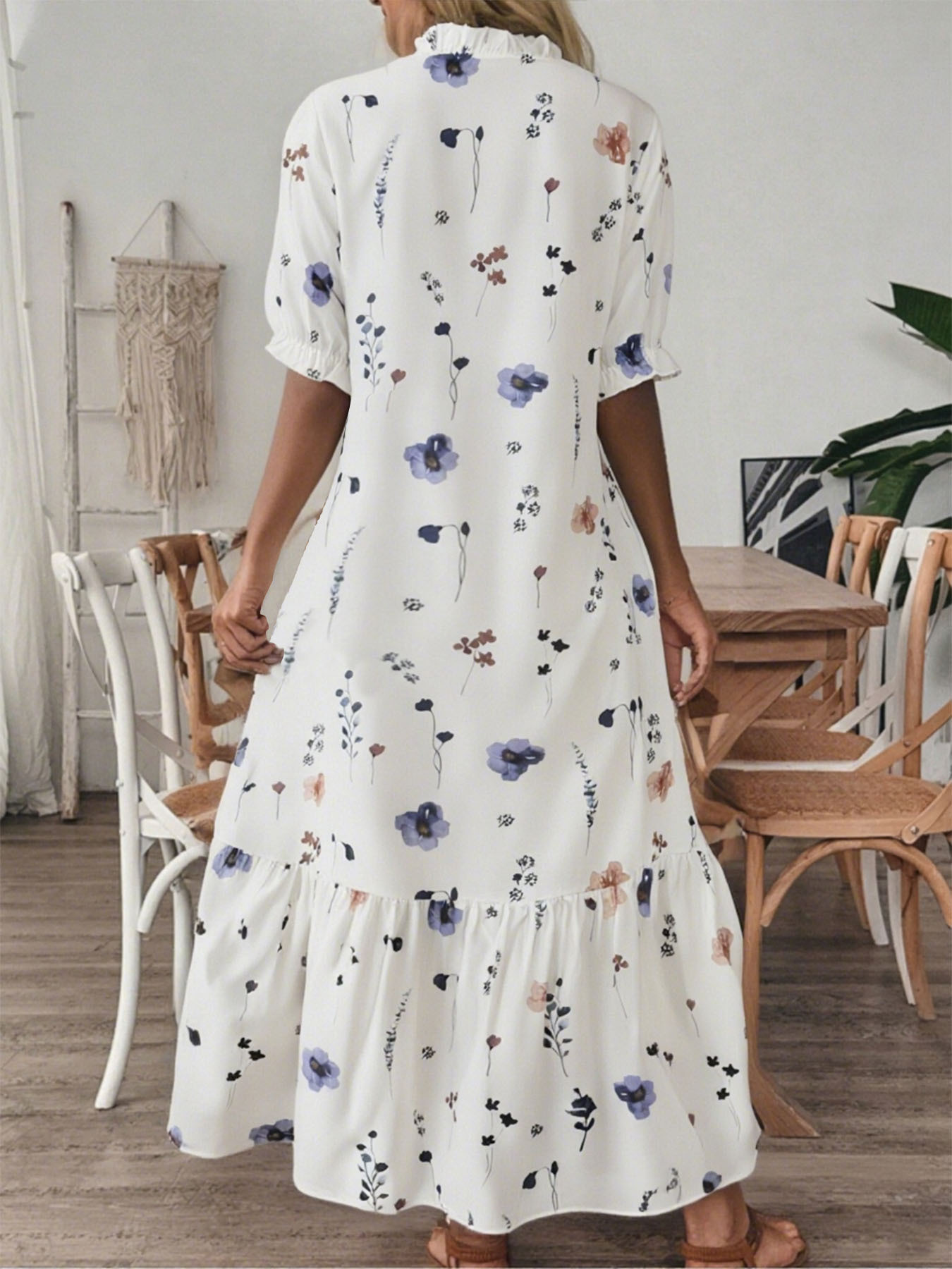 Women's Boho Floral Print Maxi Dress - Tie Neck Ruffle Sleeve Tiered Dress