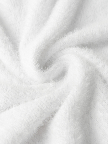 Women's White Fuzzy Crew Neck Long Sleeve Slim Fit Sweater