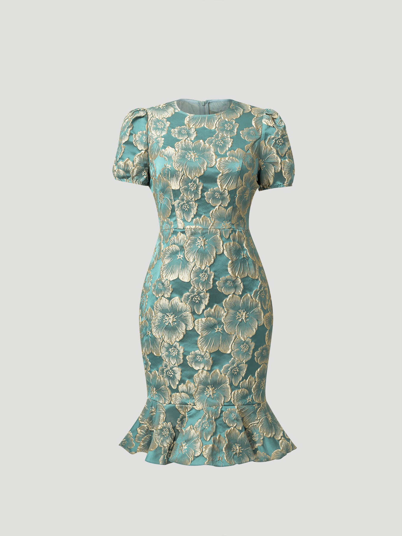 Women in flowered, bubble-sleeved, fish-tail dresses with waist-shrouding, hip-shrouding mid-skirts