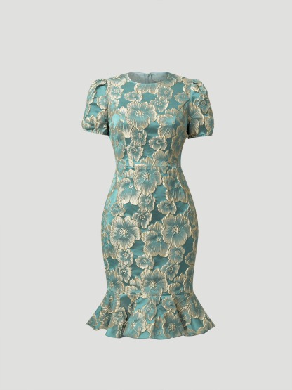 Women in flowered, bubble-sleeved, fish-tail dresses with waist-shrouding, hip-shrouding mid-skirts