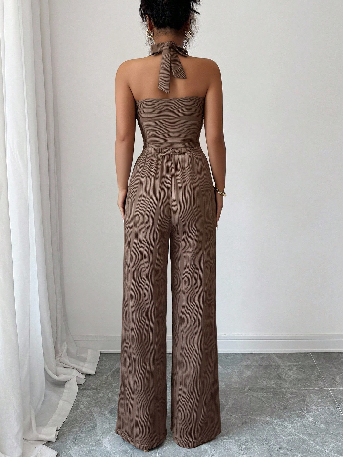 Brown Water Ripple Pattern Chest-Hanging Wide-Leg Set