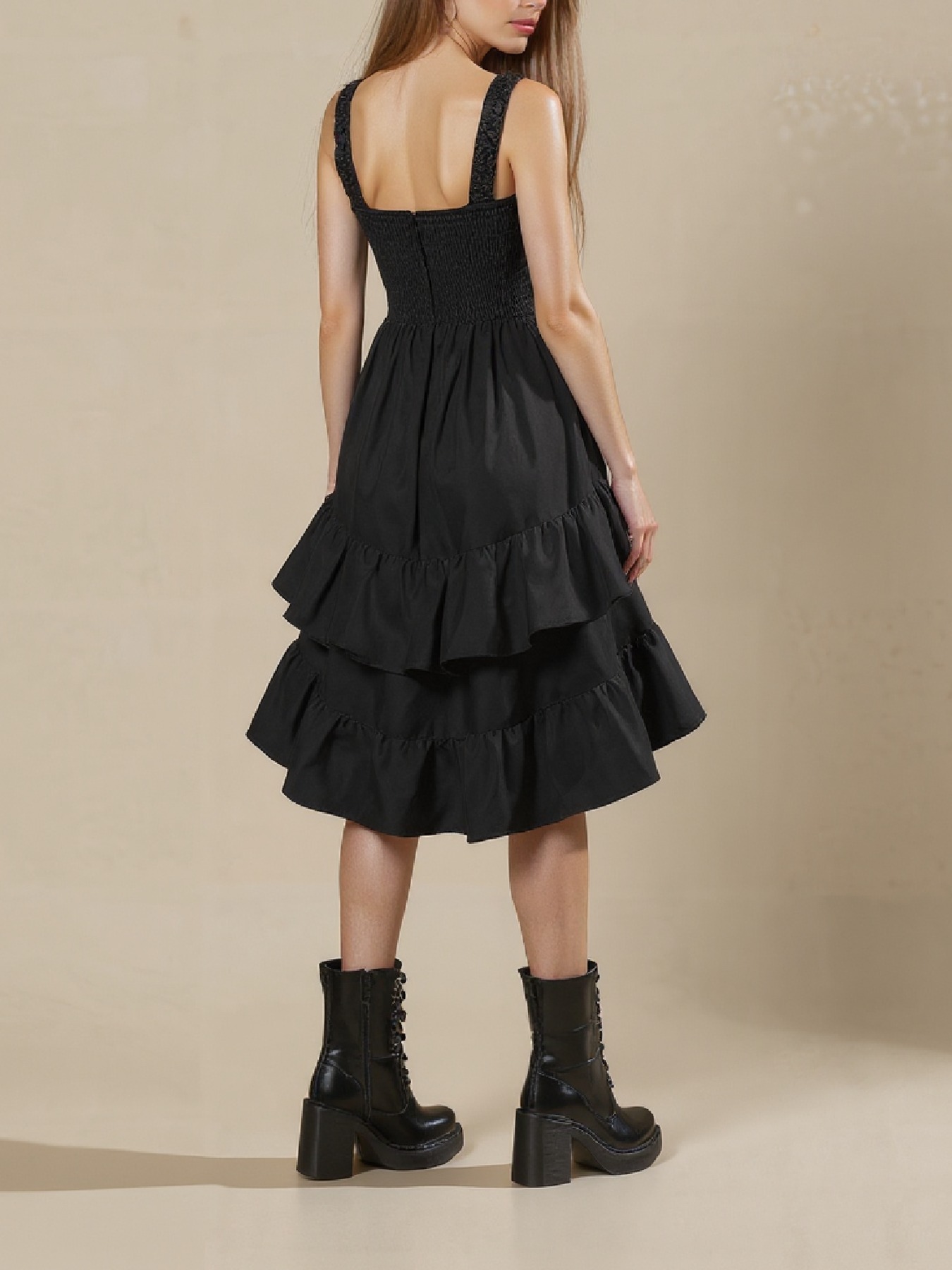 Black Square Neck Ruffled Tiered Dress - Lace Trim Straps & Asymmetrical Hem