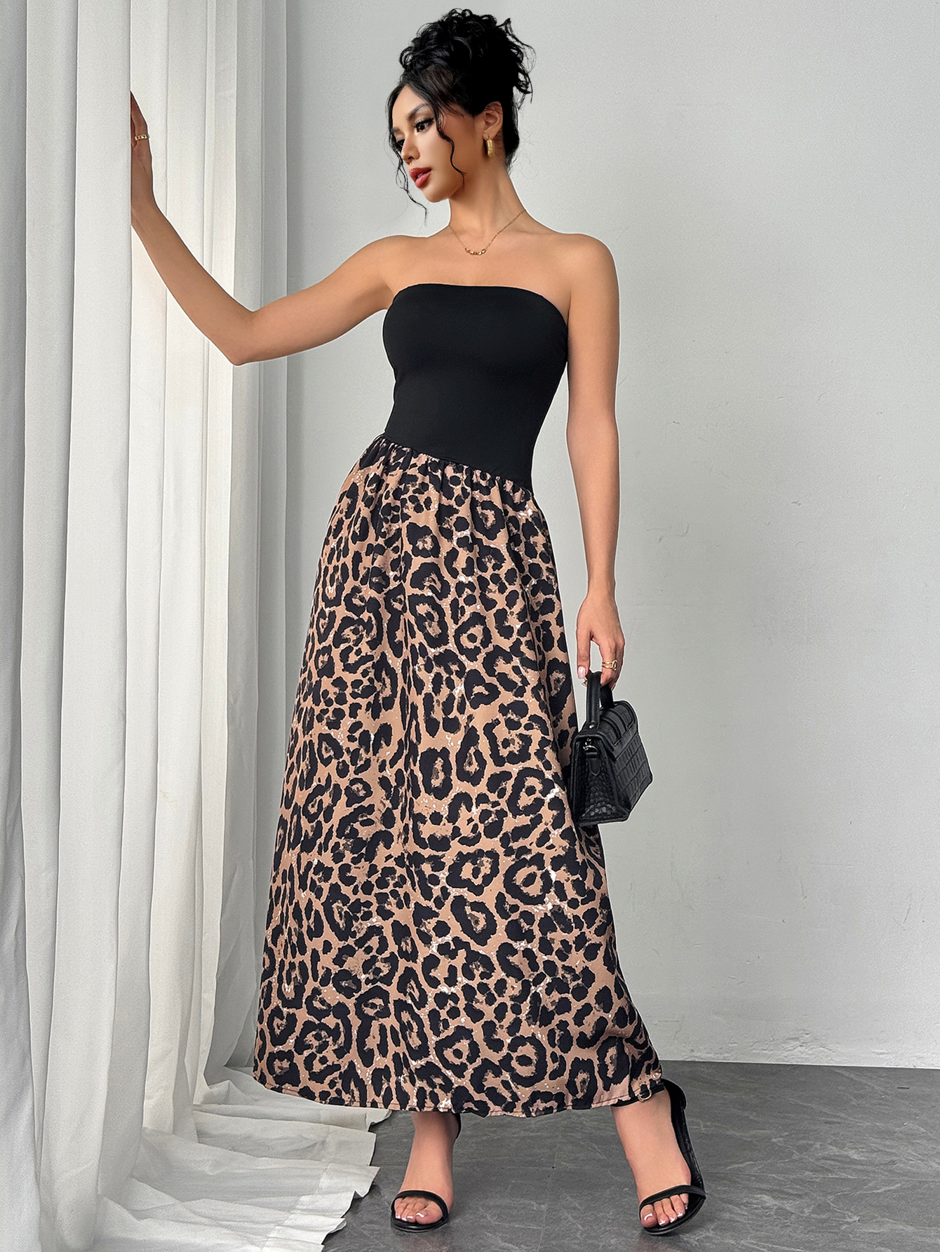Woman's Black Strapless & Leopard Print Sequin Maxi Dress-Aegean-sea