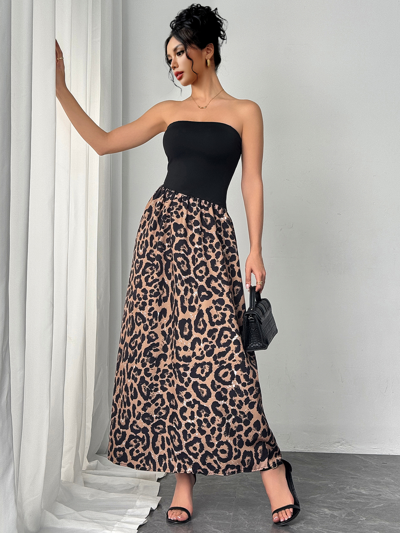 Woman's Black Strapless & Leopard Print Sequin Maxi Dress-Aegean-sea