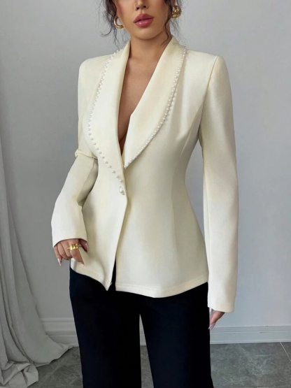 Elegant Cream Fitted Blazer with Pearl-Trimmed Lapel & Slim Waist-Aegean-sea