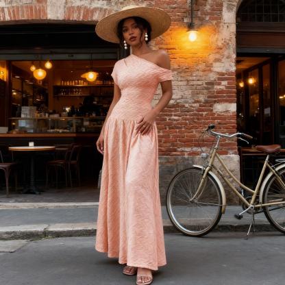 Pink slant-shouldered pressed women‘s dress Slim-waisted full-length skirt Date party vibe elegant holiday dress