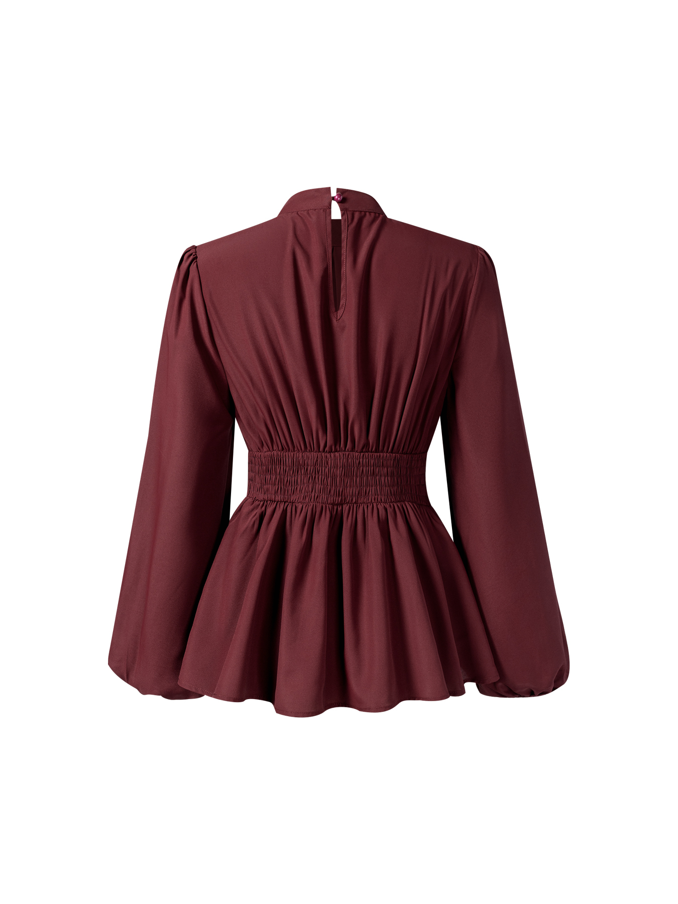 Woman's High Neck Puff Sleeve Peplum Top with Smocked Waist