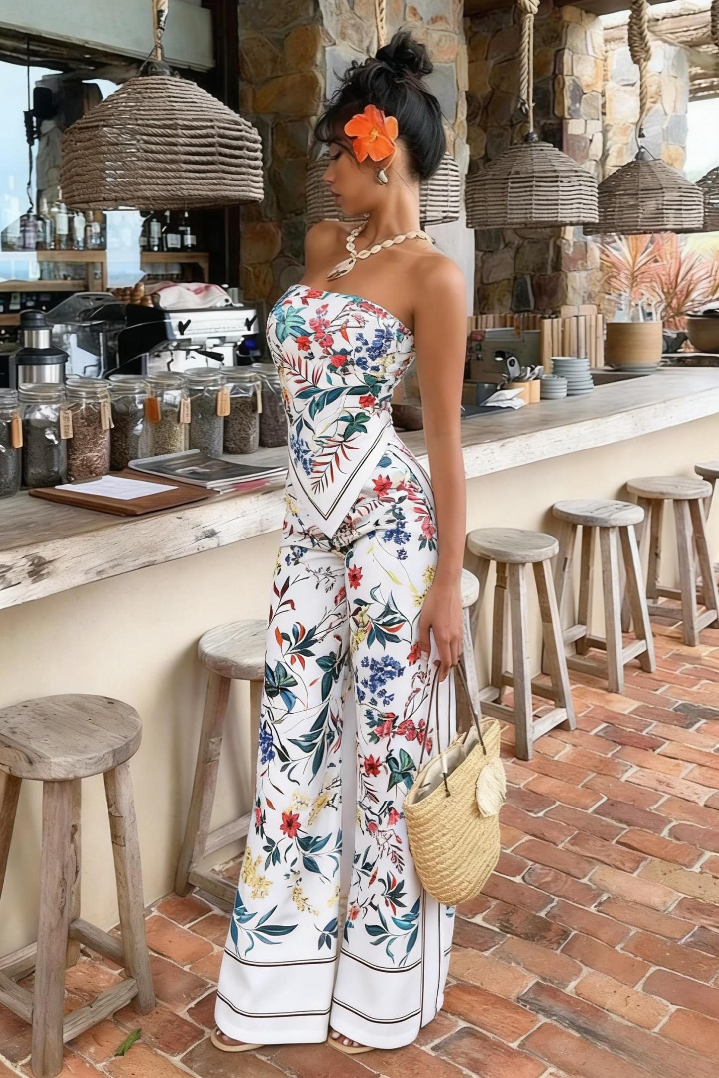 Tropical Plant Print Breasted Wide Legs Suit,,vacation-style slim-fit two-piece set