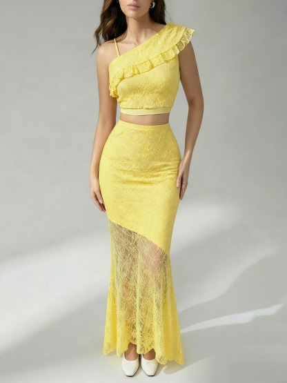 Woman's Light Yellow Lace Cami Top & Sheer Lace High-Waist Maxi Skirt Set