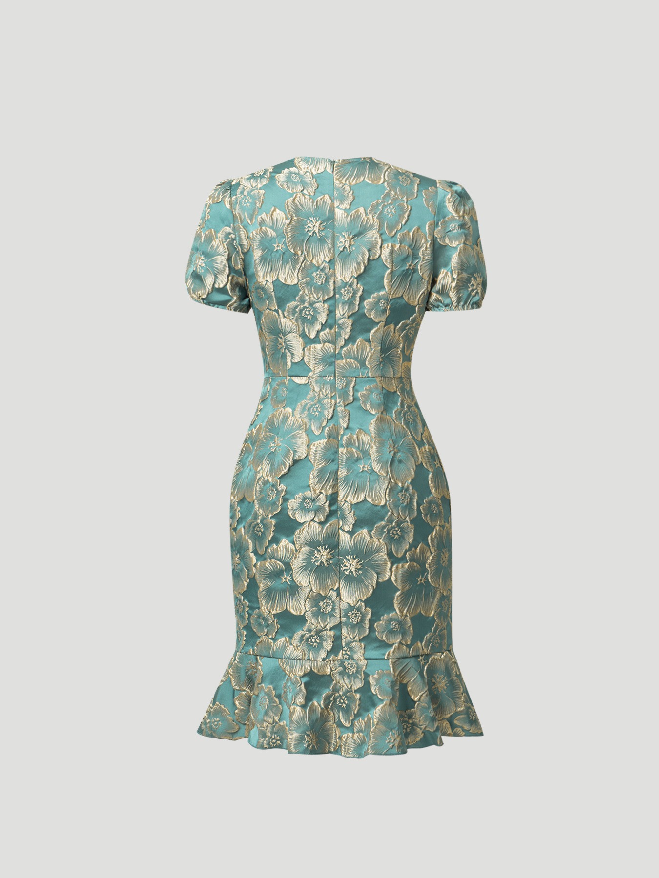 Women in flowered, bubble-sleeved, fish-tail dresses with waist-shrouding, hip-shrouding mid-skirts