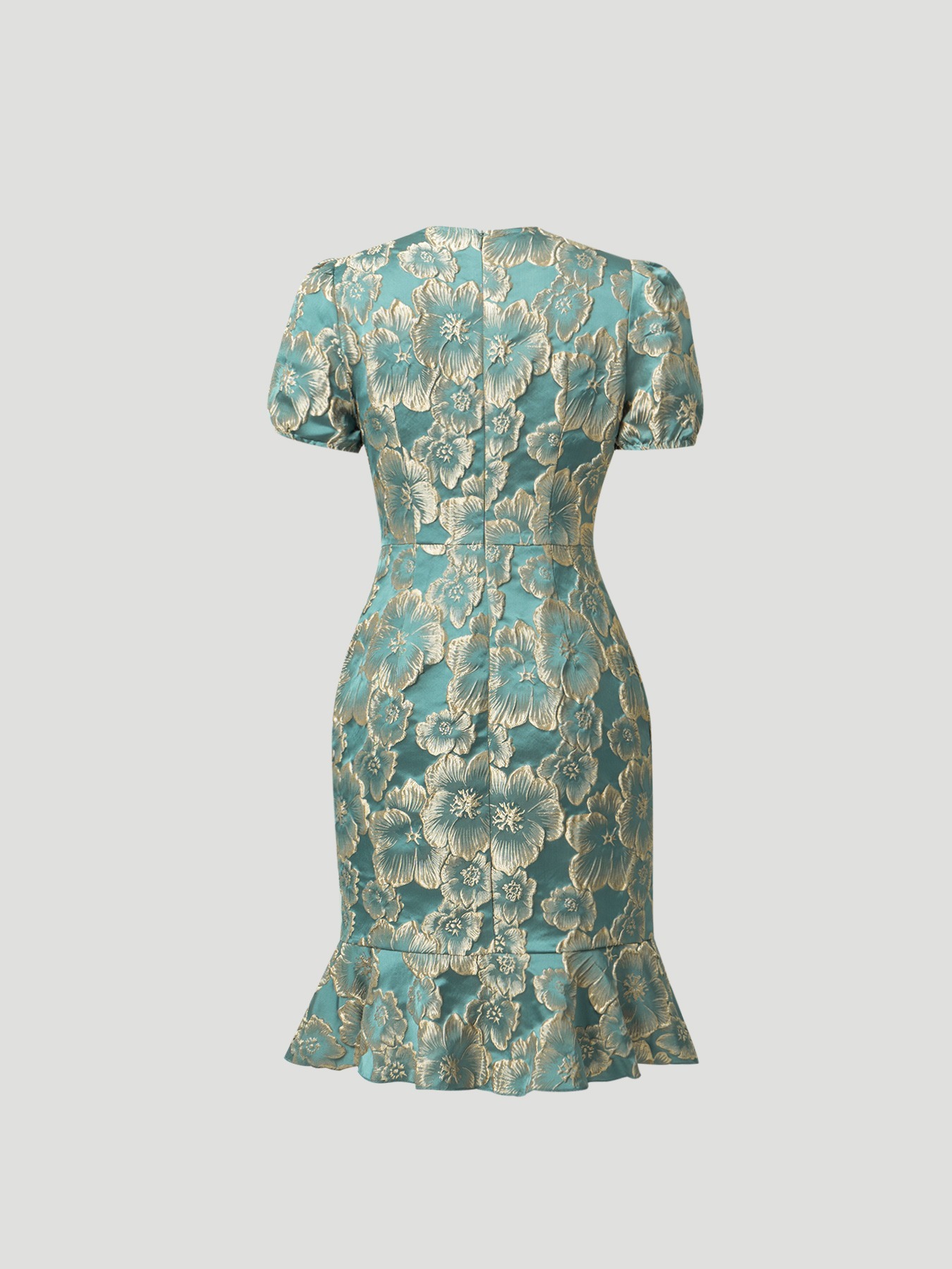 Women in flowered, bubble-sleeved, fish-tail dresses with waist-shrouding, hip-shrouding mid-skirts