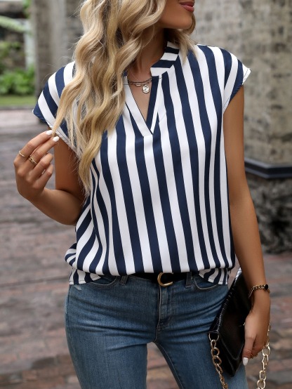 Woman's Striped V-Neck Cap Sleeve Blouse-Aegean-sea