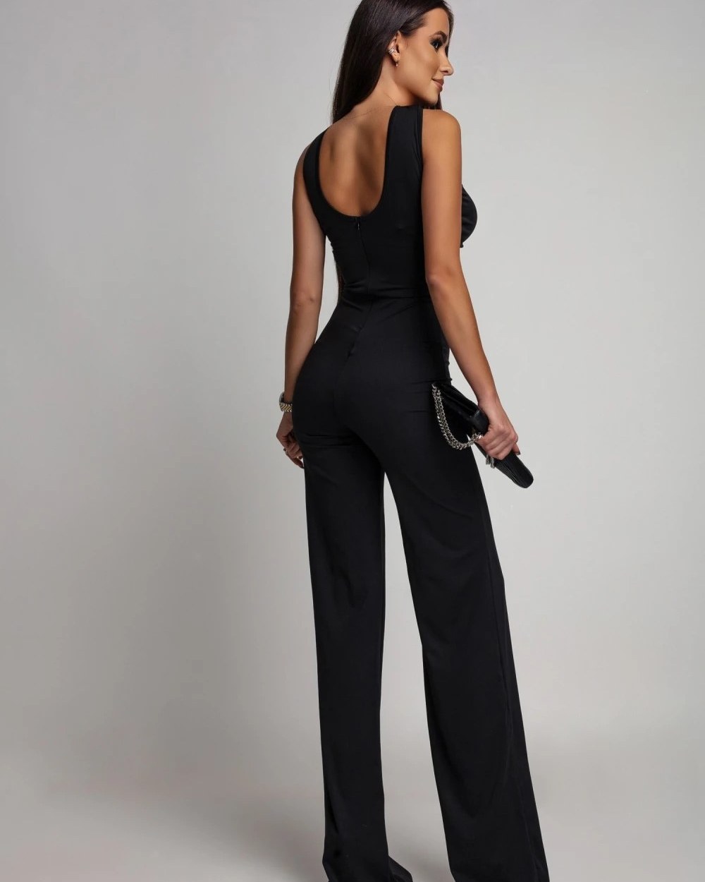 Black halter metal chain jumpsuit, hollow-out wide-leg pants